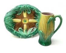 A Victorian majolica bread plate depicting corn within a woven basket