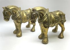 Pair of heavy brass figures modelled as shire horses