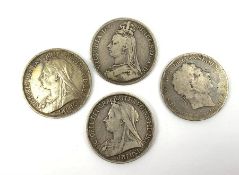 King George III 1819 crown coin and three Queen Victoria Crowns