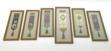 Six framed and glazed Stevengraph silk bookmarks