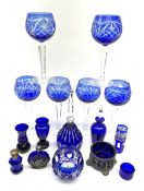 Set of six Bohemian style blue flashed hock glasses