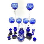 Set of six Bohemian style blue flashed hock glasses