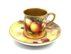 A Royal Worcester fruit painted cabinet coffee can and saucer