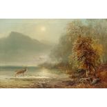 After Clarence Henry Roe (British 1850-1909): Stag at a Highland Lake, oil on canvas bears signature