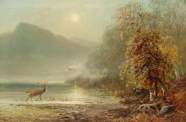 After Clarence Henry Roe (British 1850-1909): Stag at a Highland Lake, oil on canvas bears signature