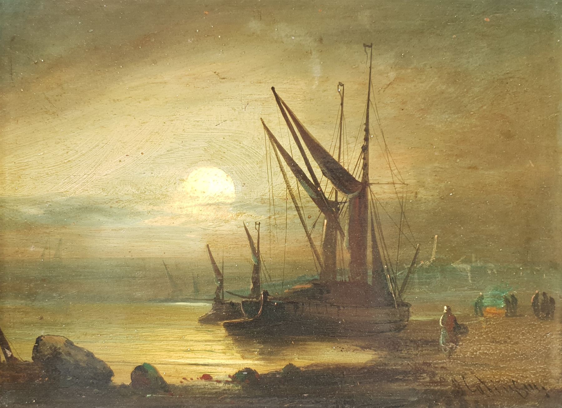 English School (19th century): Barges Unloading under Moonlight, oil on panel indistinctly signed 22