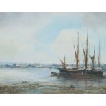Alfred Saunders (British 1908-1986): 'Barges on the Mud', oil on board signed, titled signed and dat