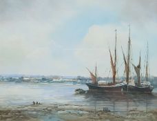 Alfred Saunders (British 1908-1986): 'Barges on the Mud', oil on board signed, titled signed and dat