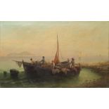 A Vescovi (19th/20th century): Mediterranean Fisherfolk Hauling the Nets, oil on canvas signed 42cm