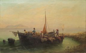 A Vescovi (19th/20th century): Mediterranean Fisherfolk Hauling the Nets, oil on canvas signed 42cm