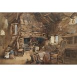 English School (Early 20th century): Figures in a Stone Cottage Interior, watercolour unsigned 39cm