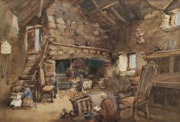 English School (Early 20th century): Figures in a Stone Cottage Interior, watercolour unsigned 39cm