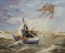 Stan Hepples (British 20th century): 'Southsea Lifeboat' Aiding a Ship in Distress, oil on canvas si