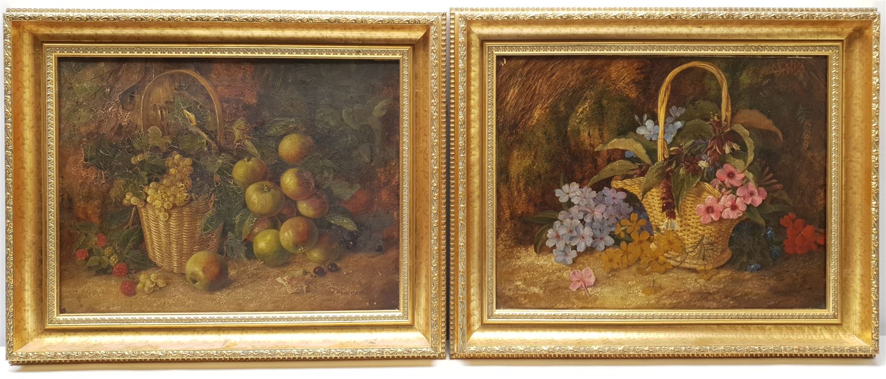 Attrib. Vincent Clare (British 1855-1930): Fruit and Flowers in Wicker Baskets, pair oils on canvas