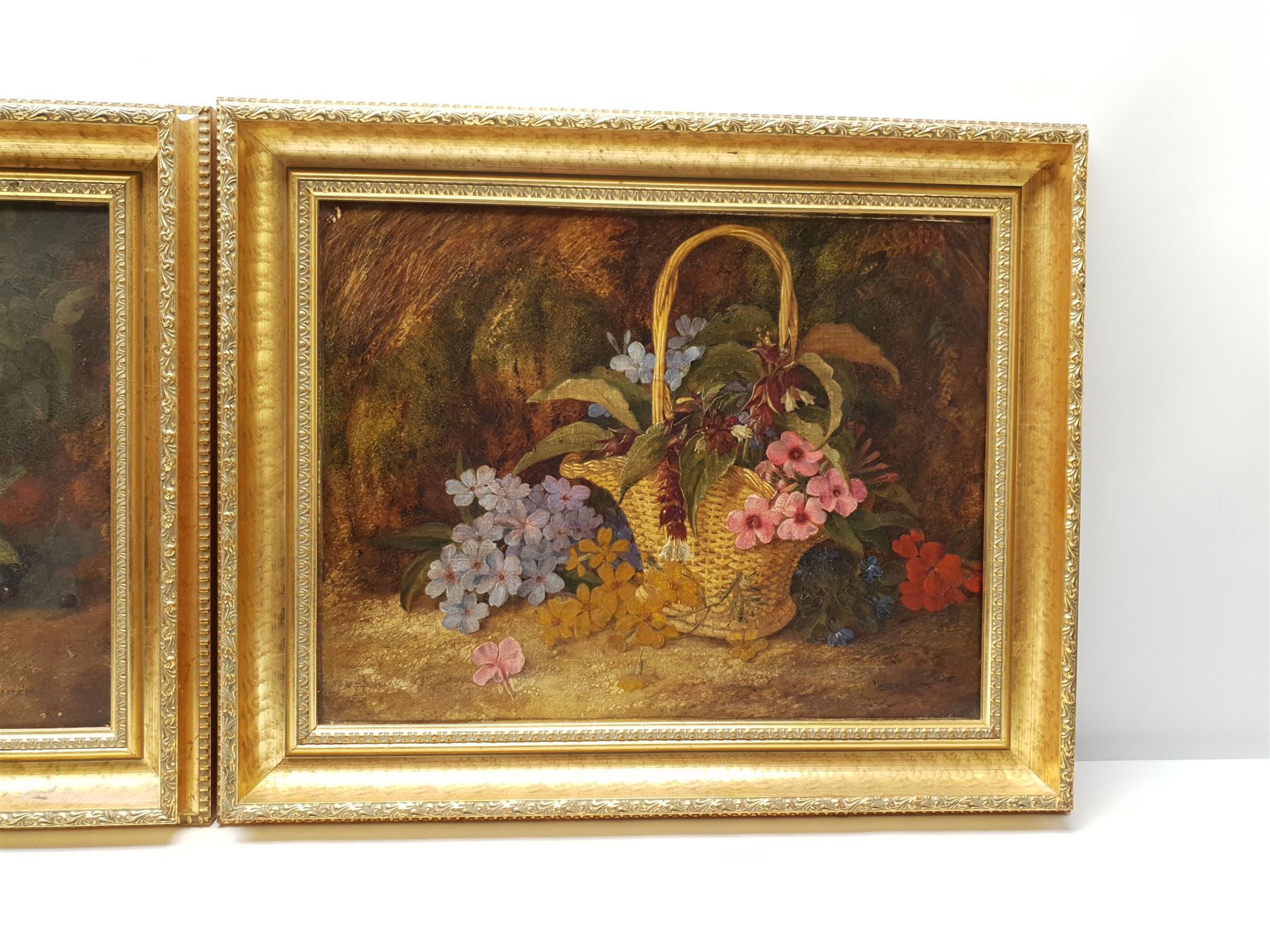 Attrib. Vincent Clare (British 1855-1930): Fruit and Flowers in Wicker Baskets, pair oils on canvas - Image 3 of 6