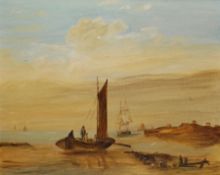 L E Mills (British early 20th century): Rowing off Shore, oil on board signed 40cm x 50cm