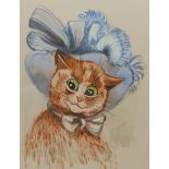 After Louis Wain (British 1860-1939): Cat in a Bonnet, watercolour unsigned 32cm x 24cm