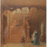 English School (19th century): Figures in a Country House Stairwell, watercolour unsigned 45cm x 45c