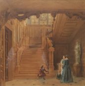 English School (19th century): Figures in a Country House Stairwell, watercolour unsigned 45cm x 45c