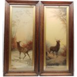 After Emilie Vouga (Swiss 1840-1909): Stags in Winter Landscapes, pair colour prints in Edwardian oa