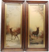 After Emilie Vouga (Swiss 1840-1909): Stags in Winter Landscapes, pair colour prints in Edwardian oa