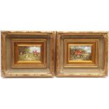 L Turner (British 20th century): Huntsman and Hounds, pair oils on board signed in heavy gilt frames