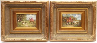 L Turner (British 20th century): Huntsman and Hounds, pair oils on board signed in heavy gilt frames