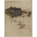 Frank Henry Mason (Staithes Group 1875-1965): Scarborough and the Herring Fleet, dry point etching s