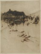 Frank Henry Mason (Staithes Group 1875-1965): Scarborough and the Herring Fleet, dry point etching s