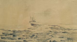 Frank Henry Mason (Staithes Group 1875-1965): Steam Fishing Boat at Sea, watercolour signed 14cm x 2