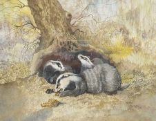 Brian Needham (British ?-2004): Badgers and Rural Footbridge, two watercolours signed and dated '88