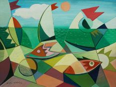 Nildo Martins (Brazilian 1948-): Abstract with Fish and Yachts, oil on board signed 37cm x 48cm