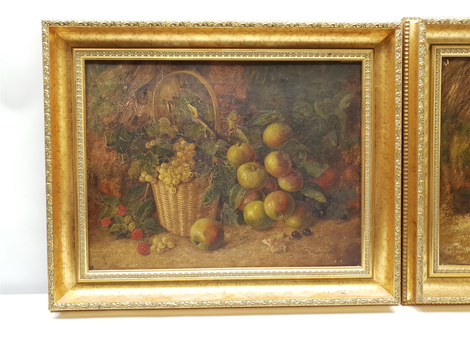 Attrib. Vincent Clare (British 1855-1930): Fruit and Flowers in Wicker Baskets, pair oils on canvas - Image 2 of 6