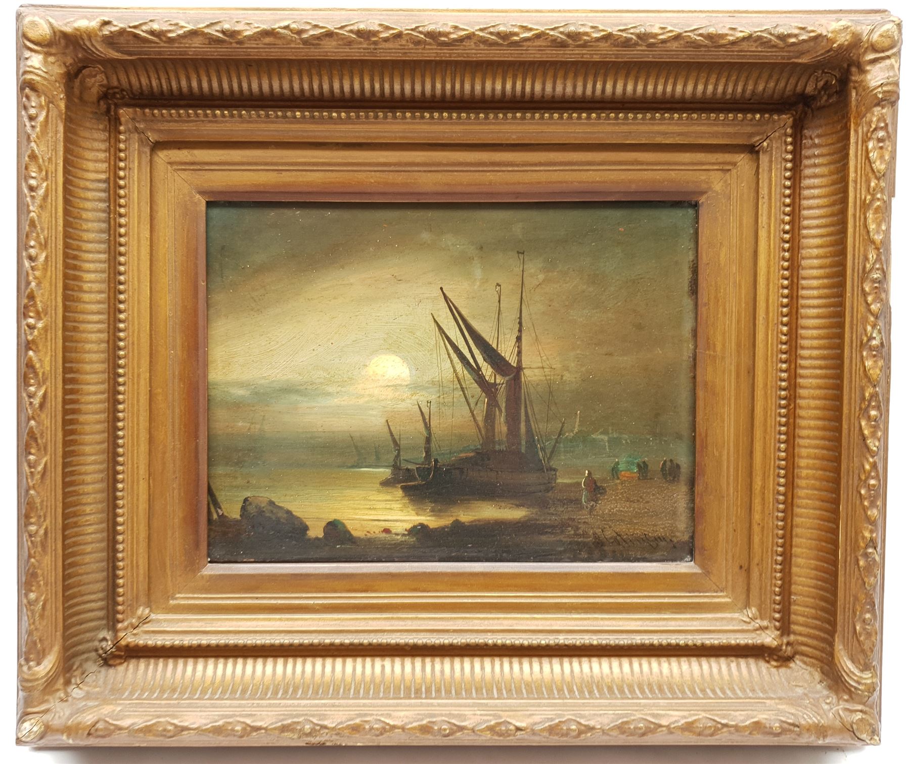 English School (19th century): Barges Unloading under Moonlight, oil on panel indistinctly signed 22 - Image 2 of 4