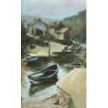 Jon Hall (Northern British 1956-): Cobles in Staithes Beck, pastel signed and dated '90, signed and