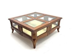 Classical walnut square coffee table with inset glass panels