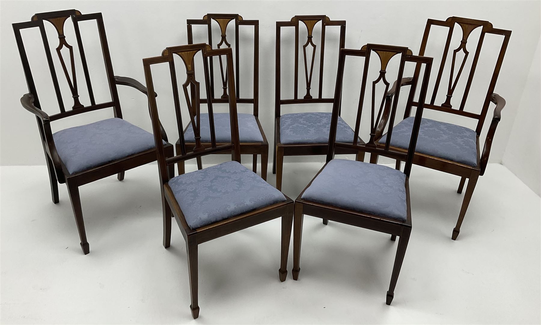 Set six (4+2) Edwardian inlaid mahogany framed dining chairs - Image 2 of 3