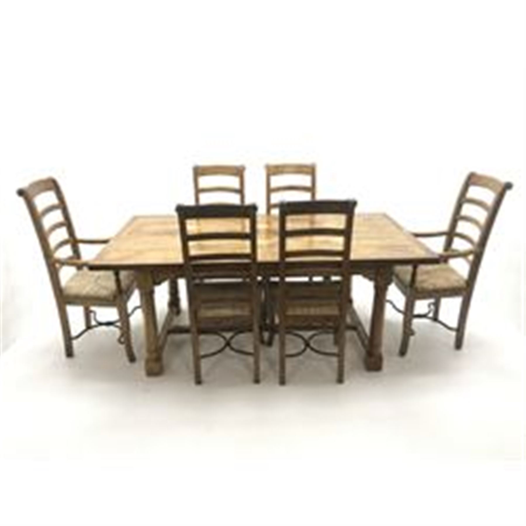 Teak and tile inset rectangular dining table. baluster supports joined by floor stretchers (W190cm - Image 2 of 5