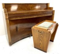 Art Deco Steck upright piano in walnut case with cross banding details and recoverable music stand (