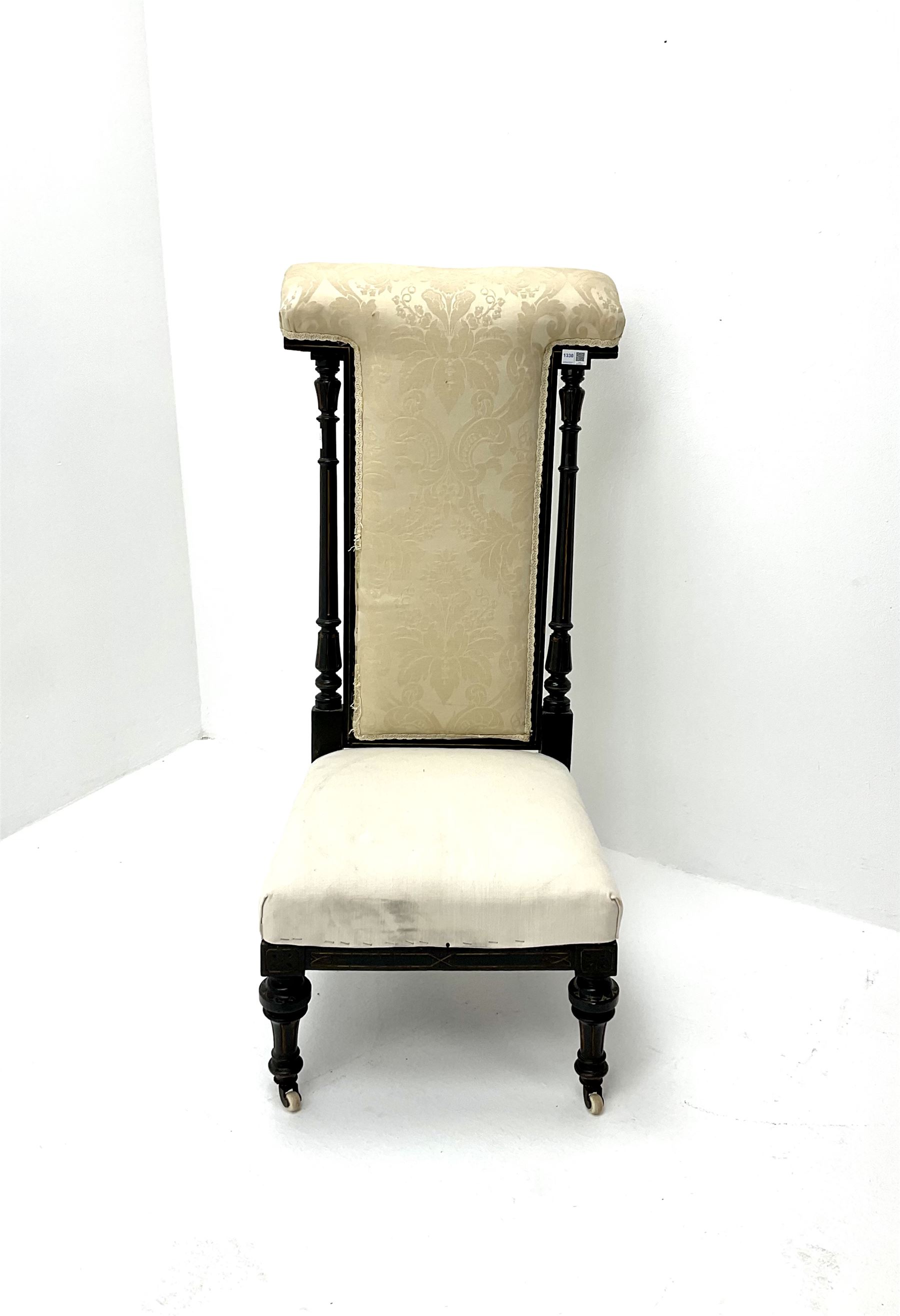 Victorian ebonised prie dieu chair upholstered in an ivory ground fabric - Image 2 of 3