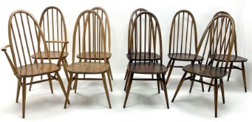 Set of nine (8+1) Ercol beech and elm high hoop spindle back dining chairs