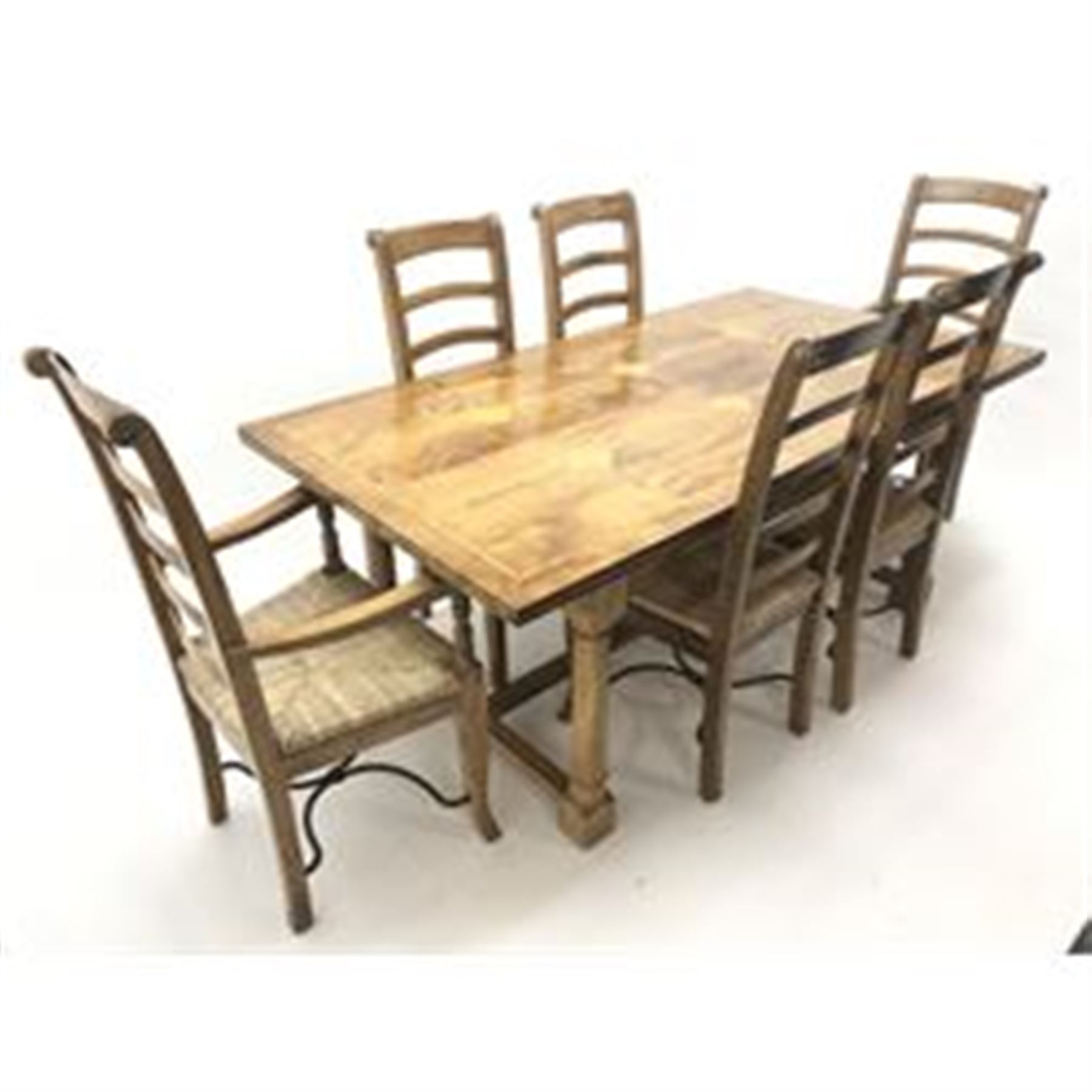 Teak and tile inset rectangular dining table. baluster supports joined by floor stretchers (W190cm - Image 4 of 5