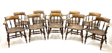 Set ten 19th century elm and beech smokers bow armchairs