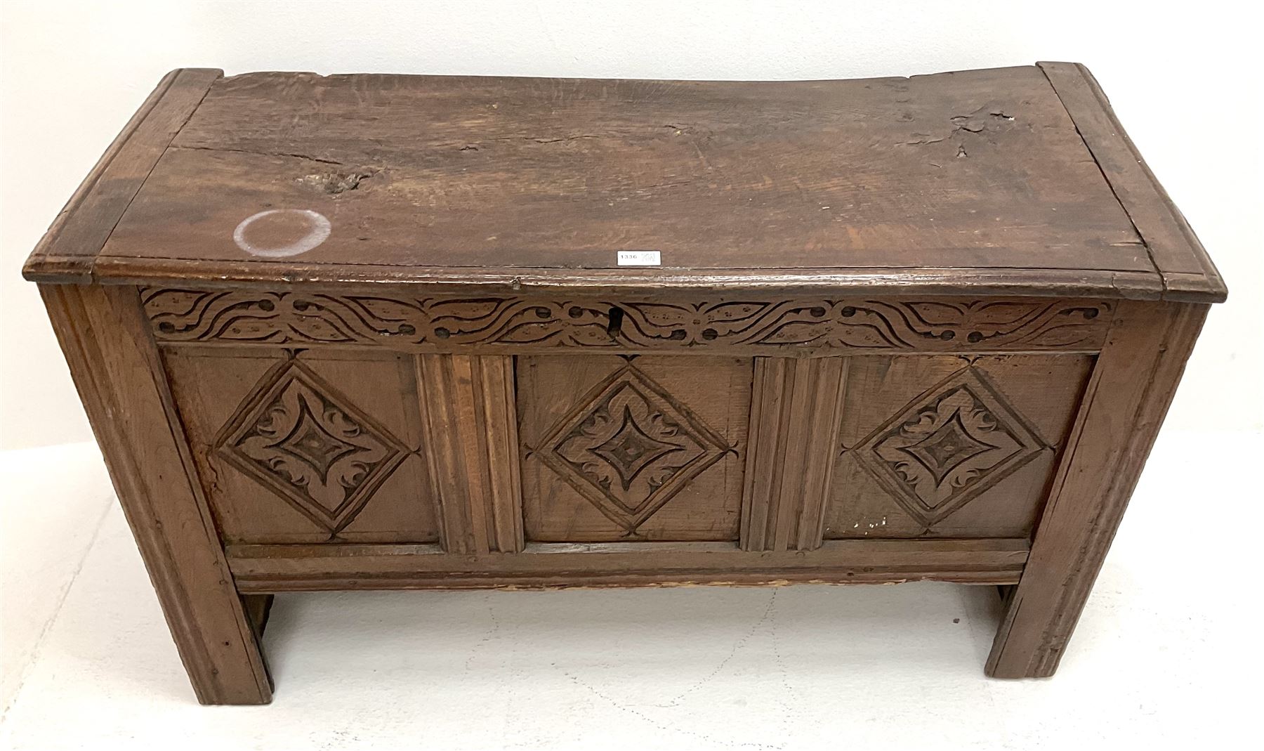 17th century oak blanket box with lozenge carved panelled front - Image 2 of 3