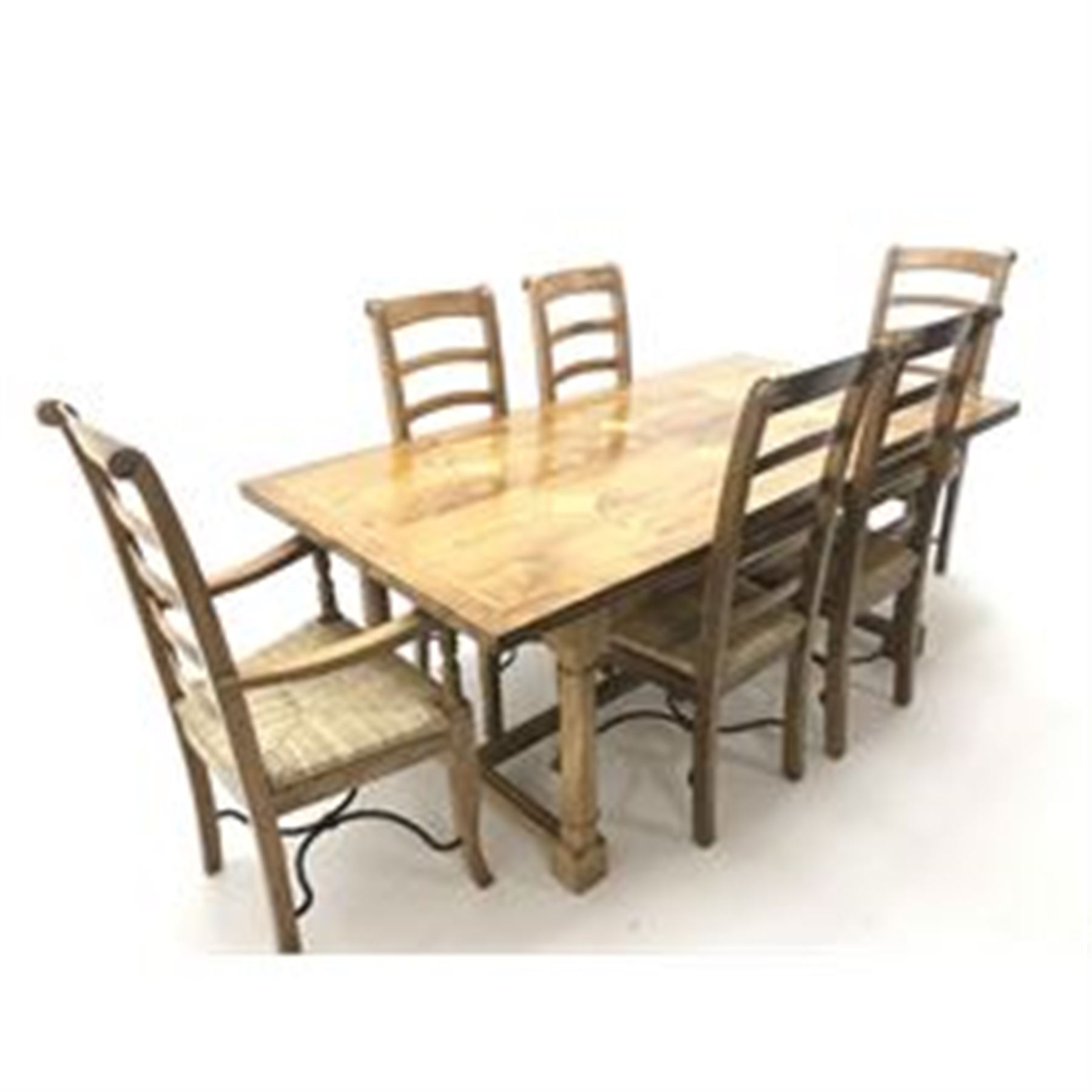 Teak and tile inset rectangular dining table. baluster supports joined by floor stretchers (W190cm - Image 3 of 5