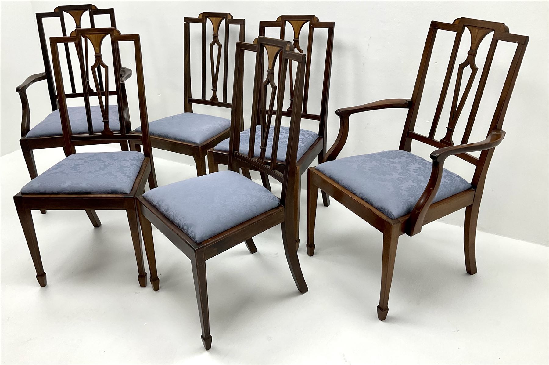 Set six (4+2) Edwardian inlaid mahogany framed dining chairs - Image 3 of 3