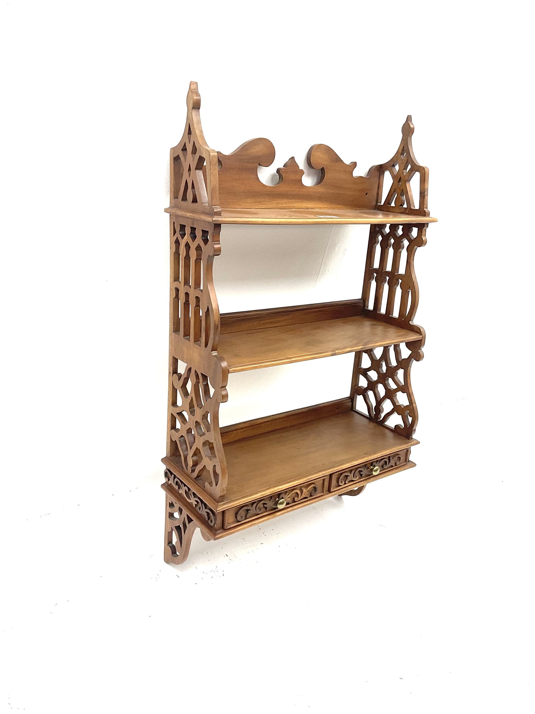 Mahogany open fretwork wall shelves with two drawers - Image 2 of 2