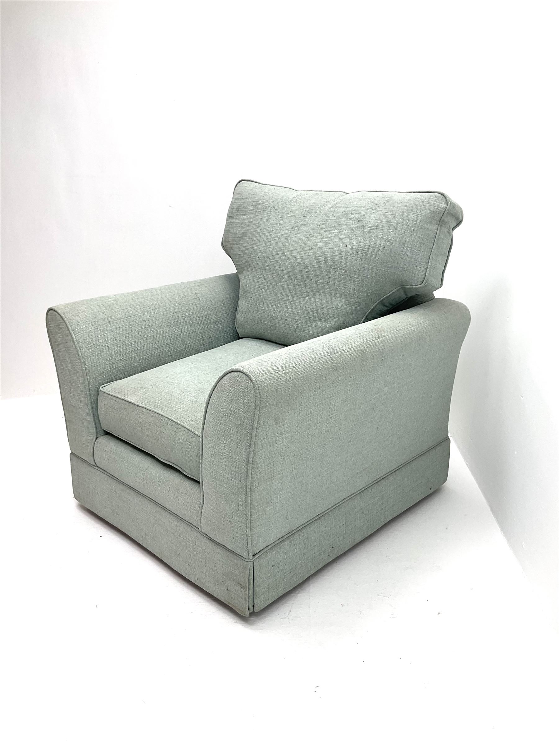 Traditional shaped armchair upholstered in duck egg blue fabric - Image 3 of 3