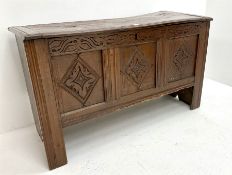17th century oak blanket box with lozenge carved panelled front