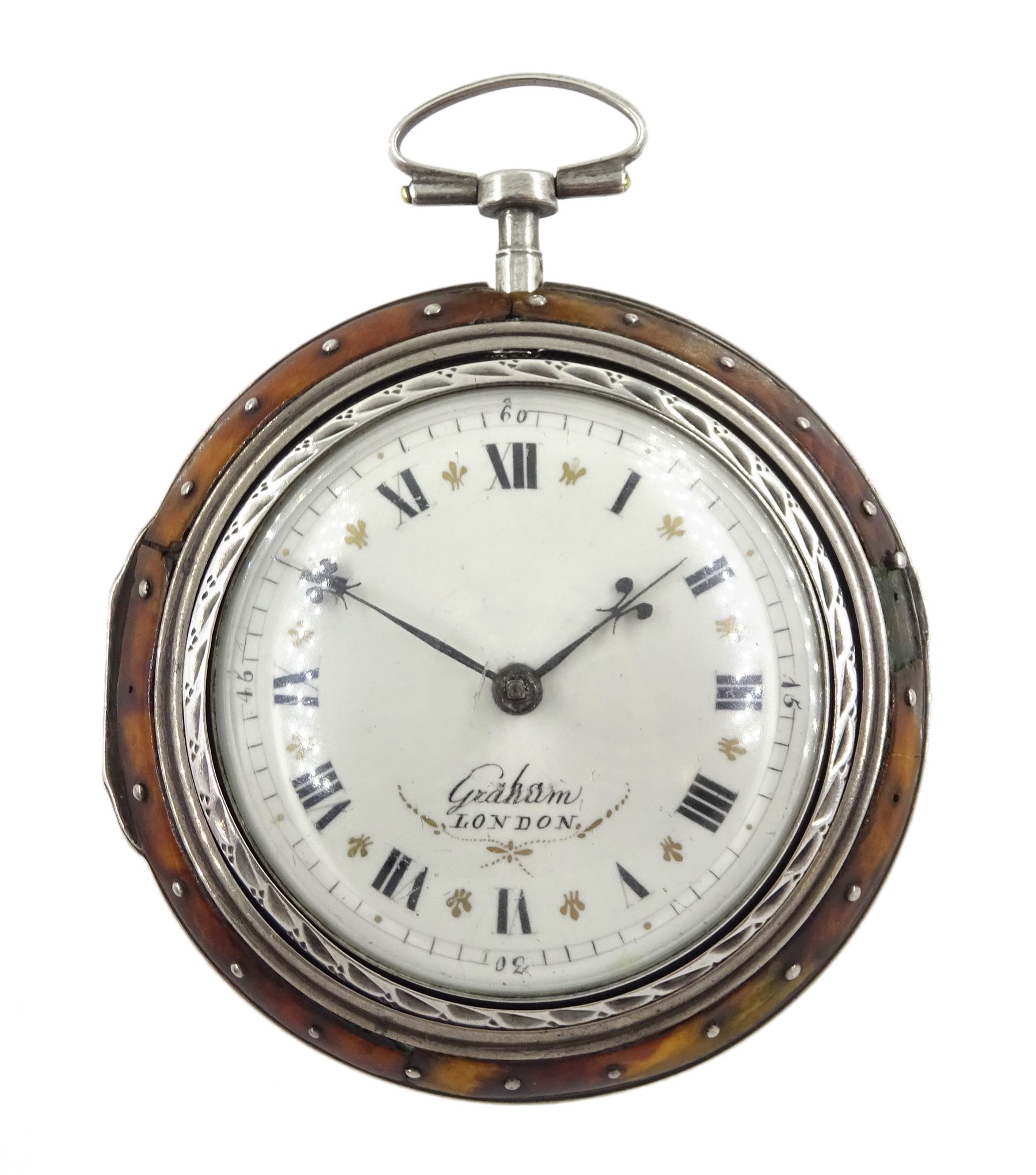 18th century silver and tortoiseshell quadruple cased verge fusee pocket watch by Graham, London, sq - Image 9 of 14